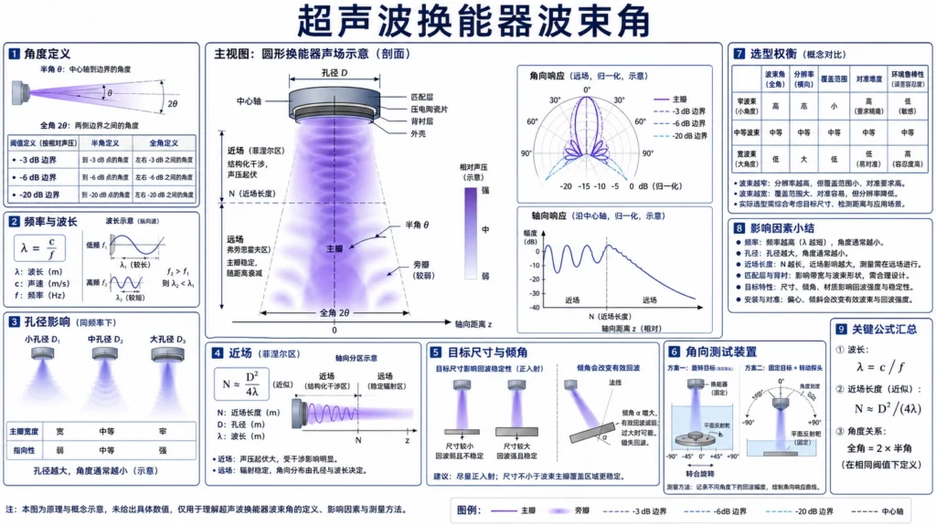 展示孔径、近场、主瓣、旁瓣和角向响应的超声波换能器波束图