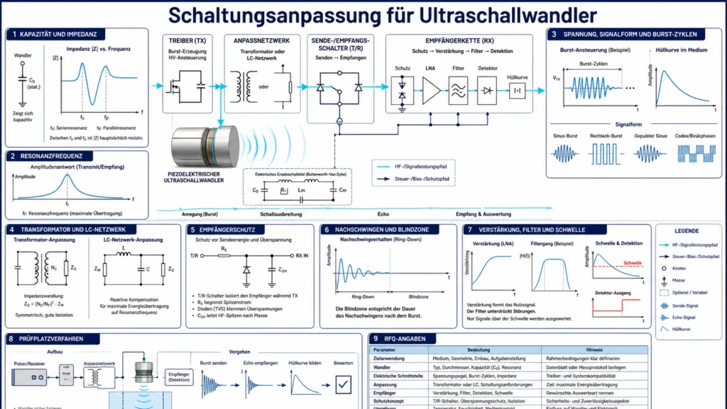 Infografik zur Schaltungsanpassung eines Ultraschallwandlers mit Impedanz, Resonanz, Anpassnetzwerk, Empfängerschutz und Nachschwingen