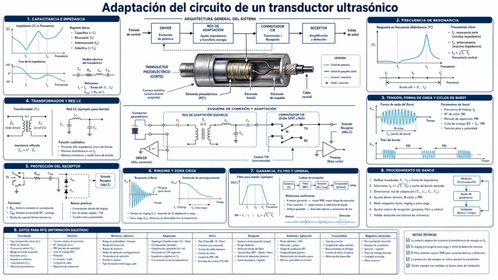 Infografía de adaptación del circuito de un transductor ultrasónico con impedancia, resonancia, red LC, protección del receptor y oscilaciones residuales