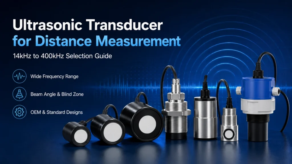 Ultrasonic transducer for distance measurement showing 14kHz to 400kHz frequency range, beam angle, blind zone, and OEM design options.