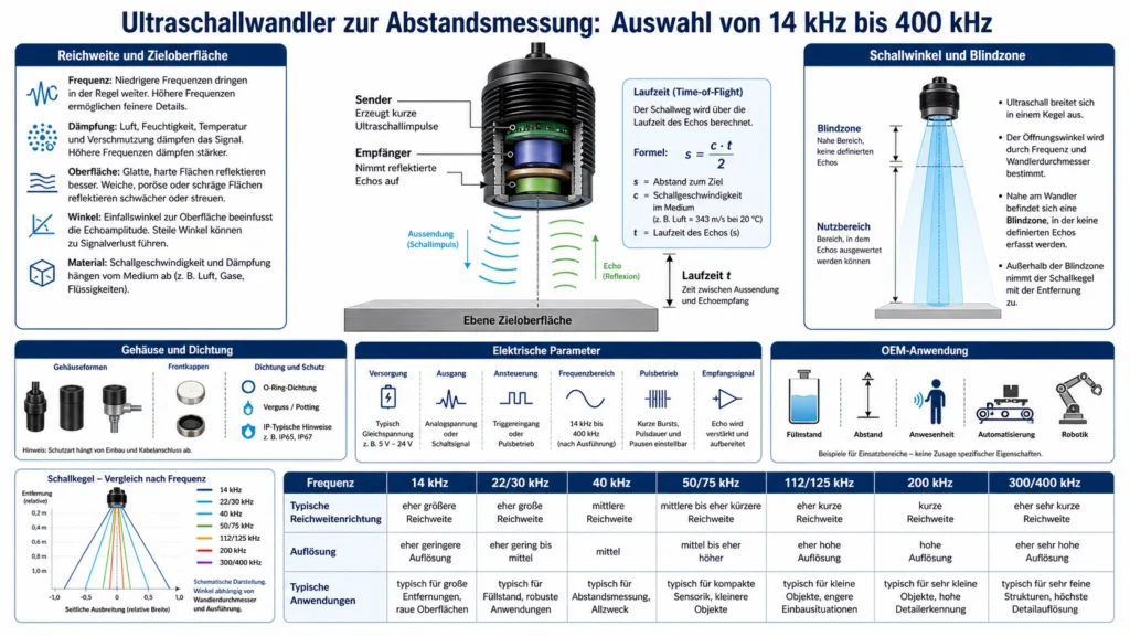 Auswahlgrafik für Ultraschallwandler von 14 kHz bis 400 kHz mit Reichweite, Schallwinkel, Blindzone und OEM-Anwendungen