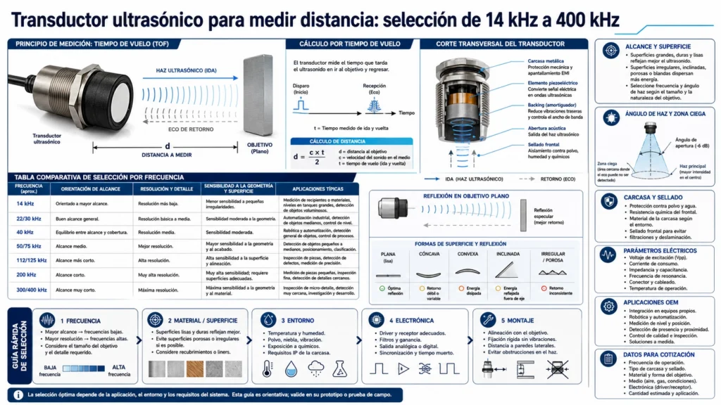 Infografía de selección de transductores ultrasónicos de 14 kHz a 400 kHz con alcance, ángulo de haz, zona ciega y aplicaciones OEM