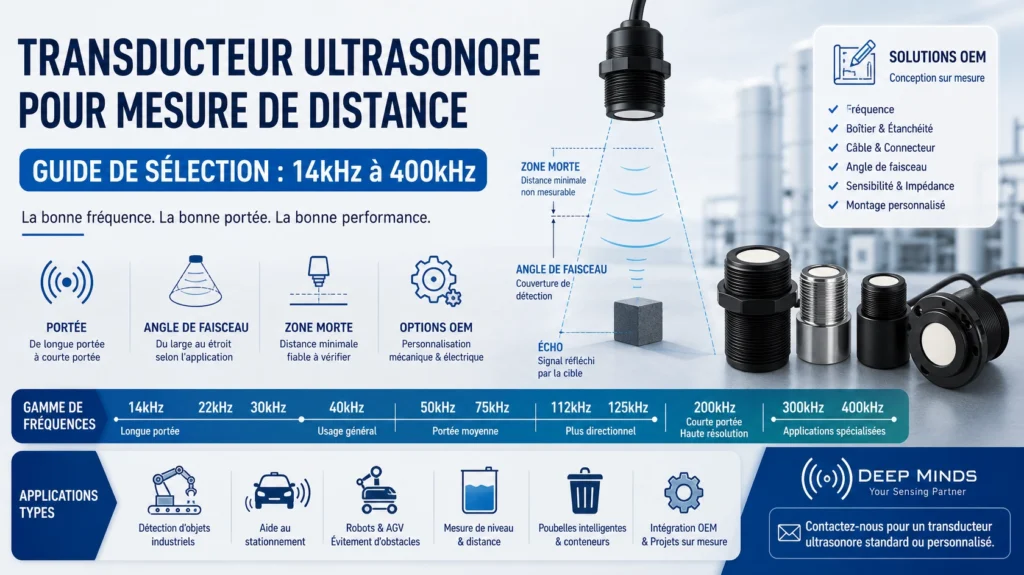 Transducteur ultrasonique de mesure de distance avec plage de fréquence 14kHz à 400kHz, angle de faisceau, zone morte et options OEM.