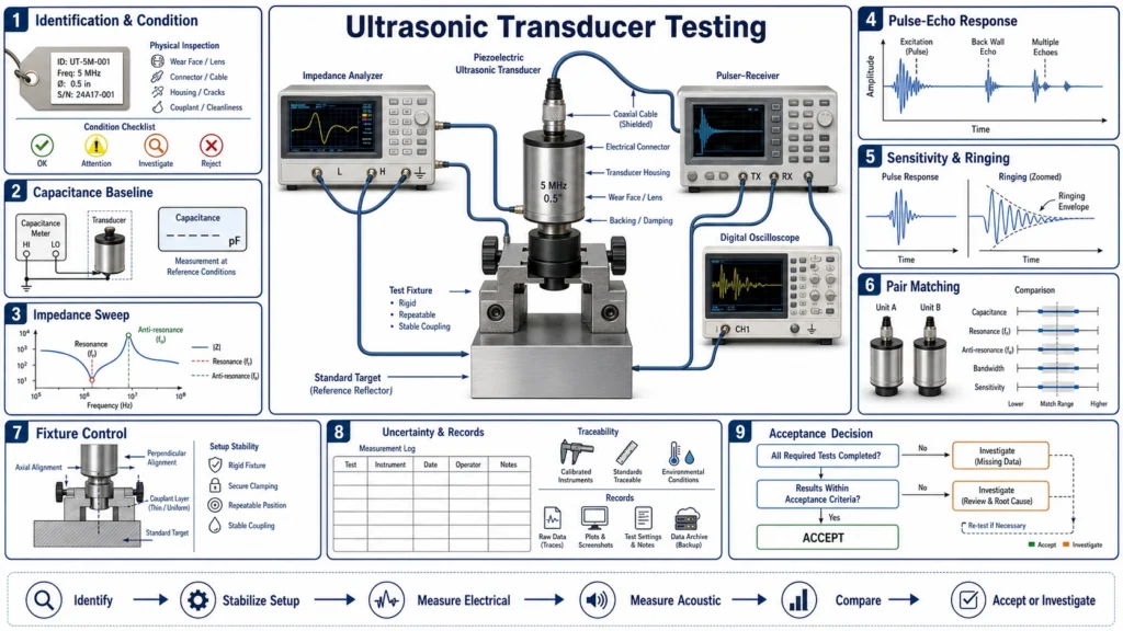Ultrasonic transducer connected to an impedance analyzer and oscilloscope with resonance and ringing measurements