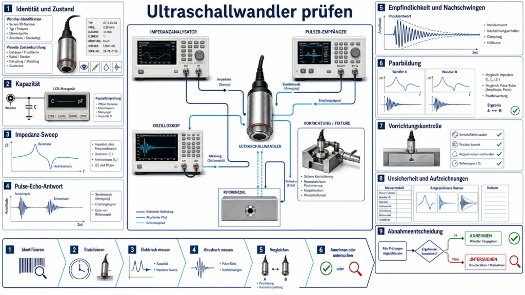 Prüfaufbau für Ultraschallwandler mit Impedanzanalysator, Oszilloskop, Pulse-Echo-Antwort, Empfindlichkeit und Paarbildung