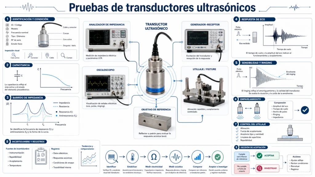Banco de pruebas de un transductor ultrasónico con analizador de impedancia, osciloscopio, respuesta de eco, sensibilidad y emparejamiento