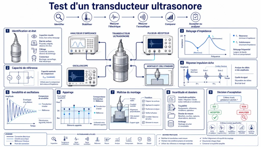 Transducteur ultrasonore relié à un analyseur d'impédance et un oscilloscope avec mesures de résonance et d'oscillations résiduelles