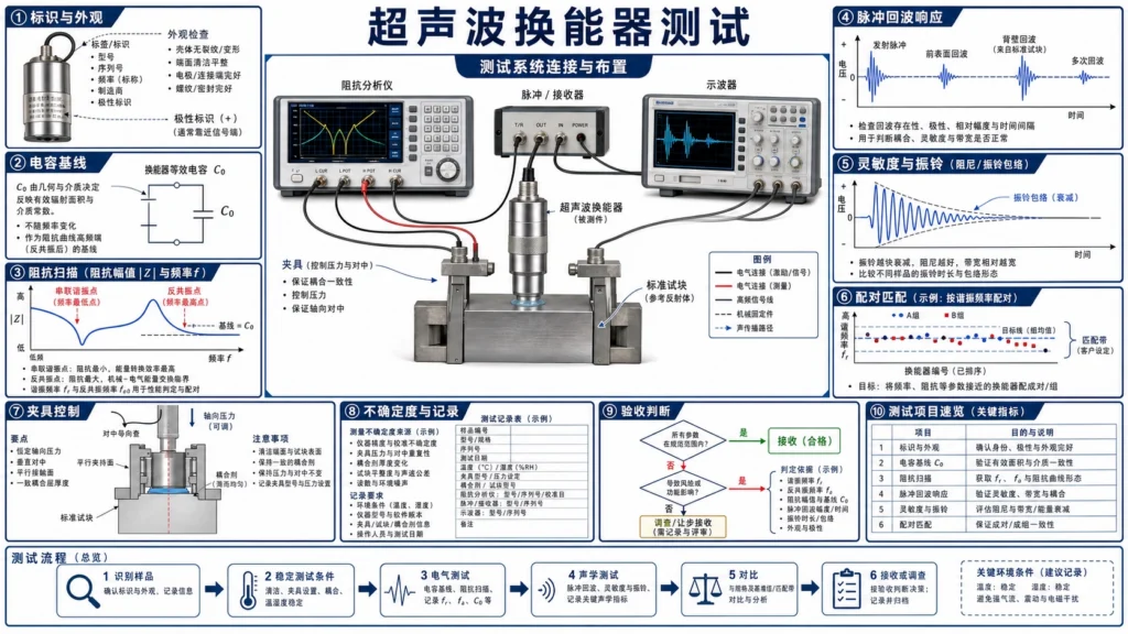 超声波换能器连接阻抗分析仪和示波器，并显示谐振与振铃测量