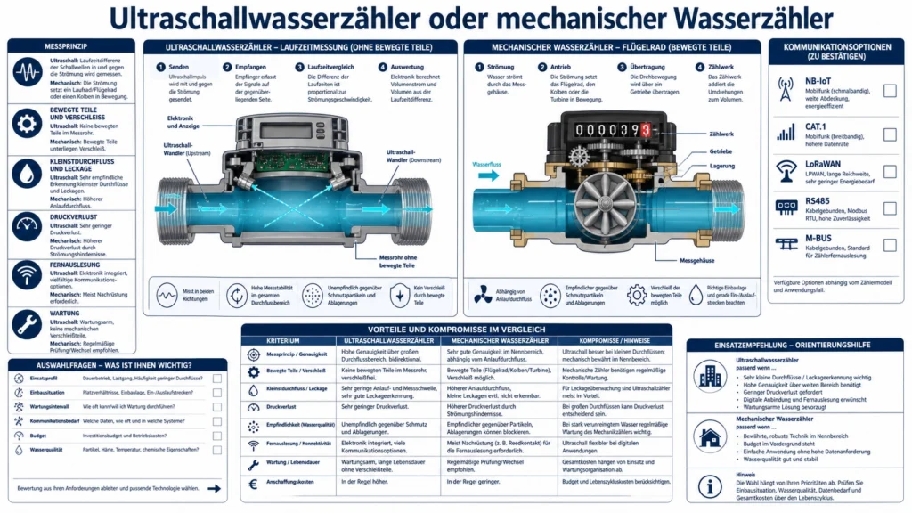 Schnittdarstellung eines Ultraschallwasserzählers und eines mechanischen Wasserzählers mit Messprinzipien, Vorteilen und Auswahlkriterien