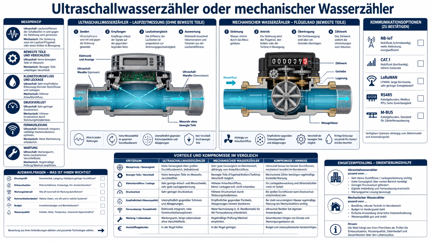Schnittdarstellung eines Ultraschallwasserzählers und eines mechanischen Wasserzählers mit Messprinzipien, Vorteilen und Auswahlkriterien
