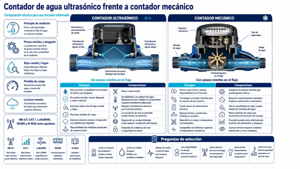 Comparación en corte de un contador de agua ultrasónico y uno mecánico con principios de medición, ventajas y criterios de selección
