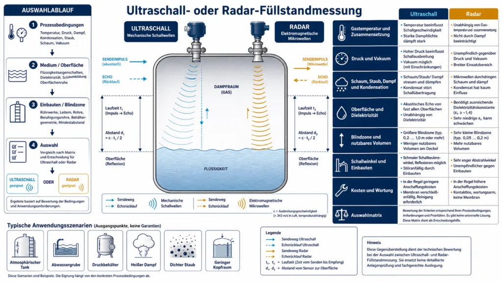 Vergleich von Ultraschall- und Radar-Füllstandmessung in einem Tank mit Prozessbedingungen und Auswahlmatrix