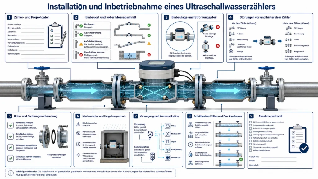 Installationsschema eines Ultraschallwasserzählers in voll gefüllter Rohrleitung mit Strömungsrichtung, geraden Rohrstrecken und Abnahmeprüfung