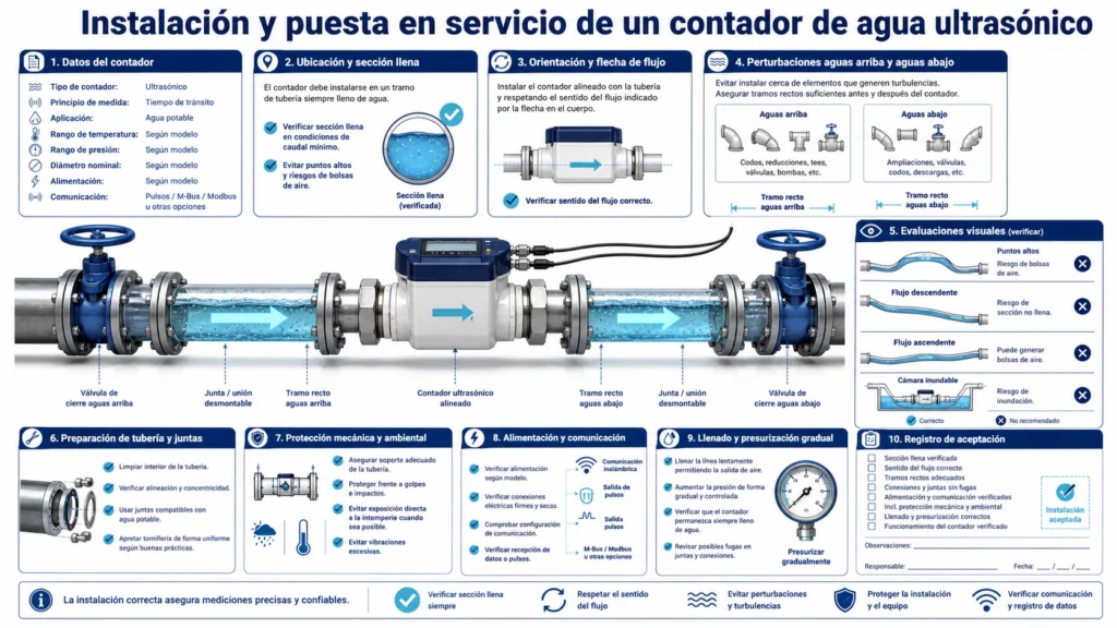 Esquema de instalación de un contador de agua ultrasónico en tubería llena con sentido de flujo, tramos rectos y comprobaciones de puesta en servicio