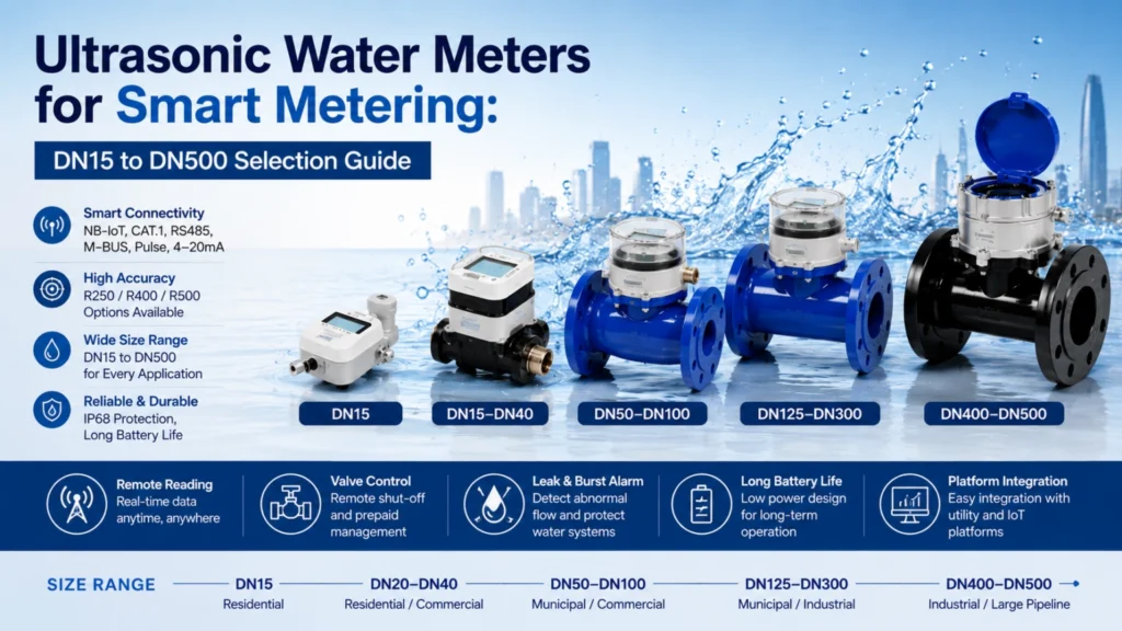 Ultrasonic water meter selection guide showing DN15 to DN500 smart metering options for remote reading, valve control, and large-diameter water flow measurement.