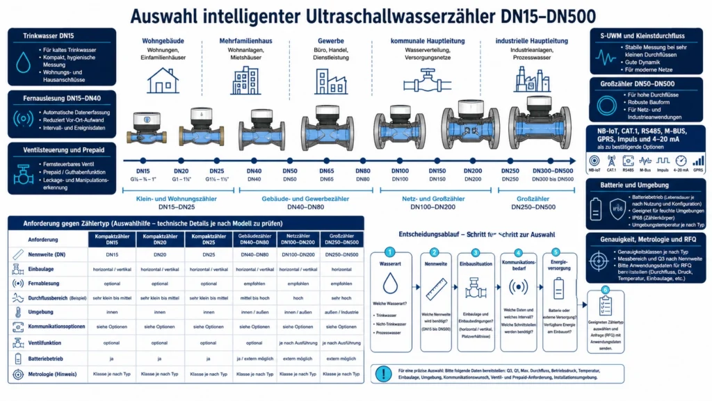 Auswahlgrafik für intelligente Ultraschallwasserzähler DN15–DN500 für Wohngebäude, Versorgungsnetze und Industrie