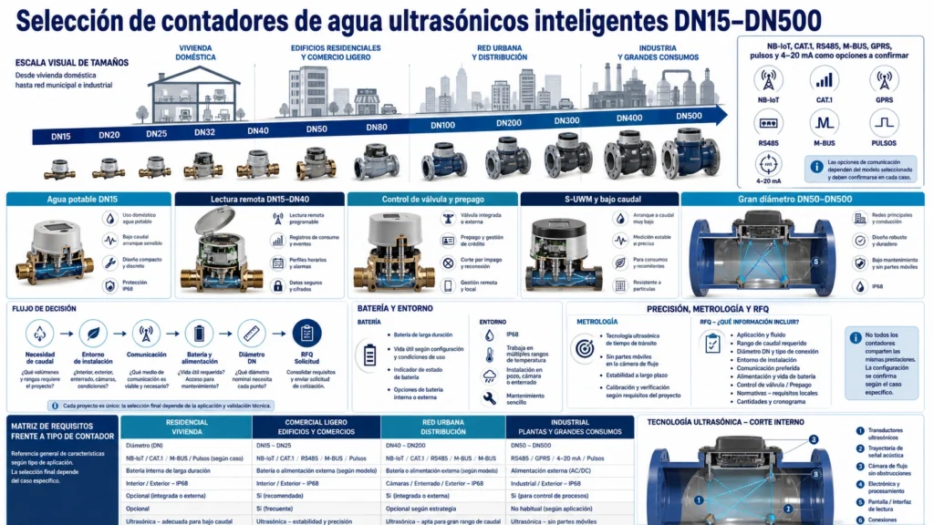 Guía visual de selección de contadores de agua ultrasónicos inteligentes DN15–DN500 para vivienda, red urbana e industria