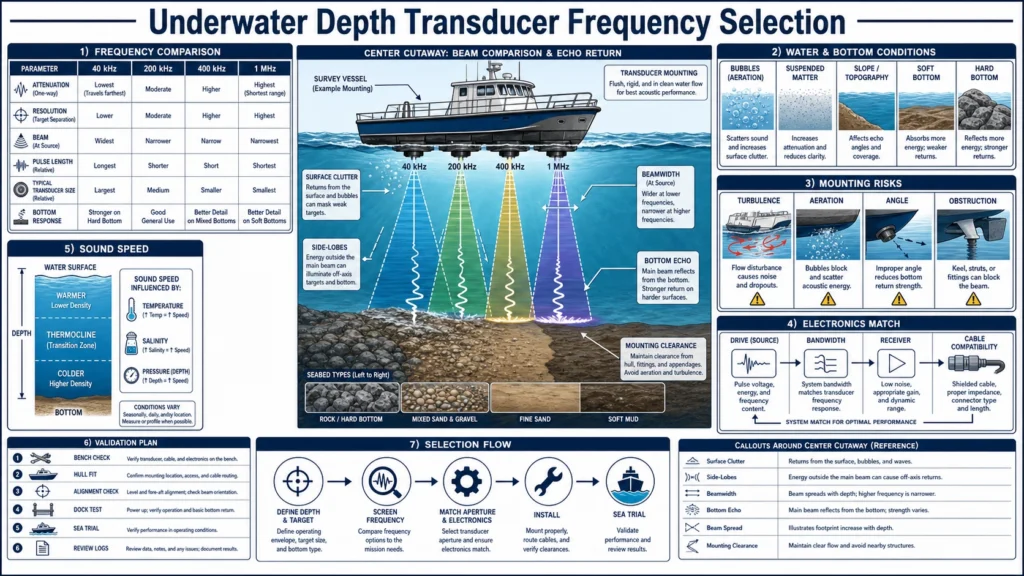 Underwater depth transducers emitting low- and high-frequency sonar beams toward different bottom layers