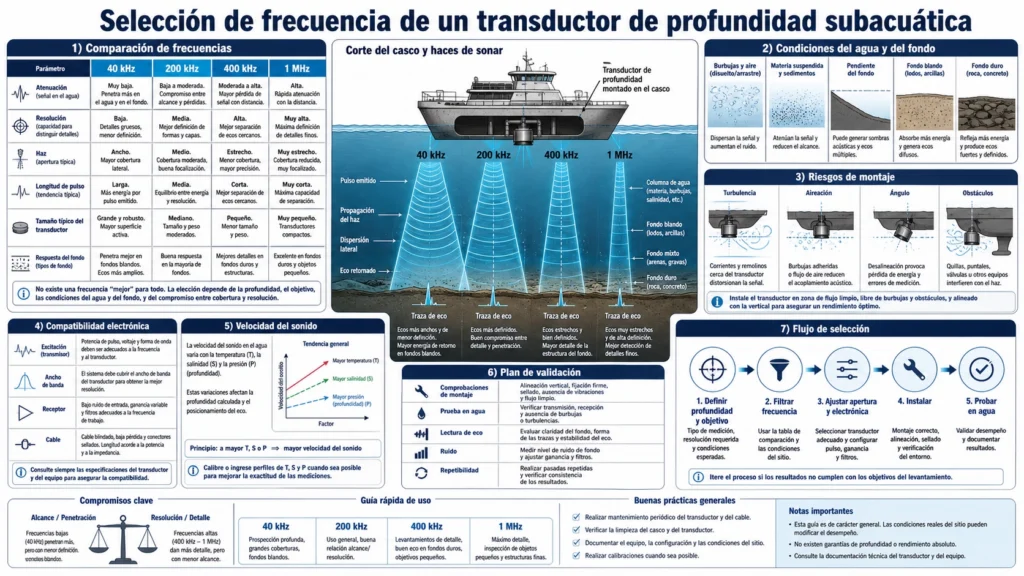 Transductores de profundidad subacuáticos que emiten haces de sonar de baja y alta frecuencia hacia distintas capas del fondo