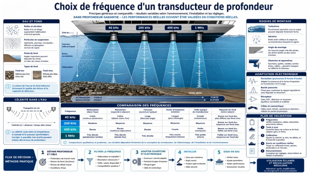 Transducteurs de profondeur émettant sous l'eau des faisceaux sonar basse et haute fréquence vers différentes couches du fond