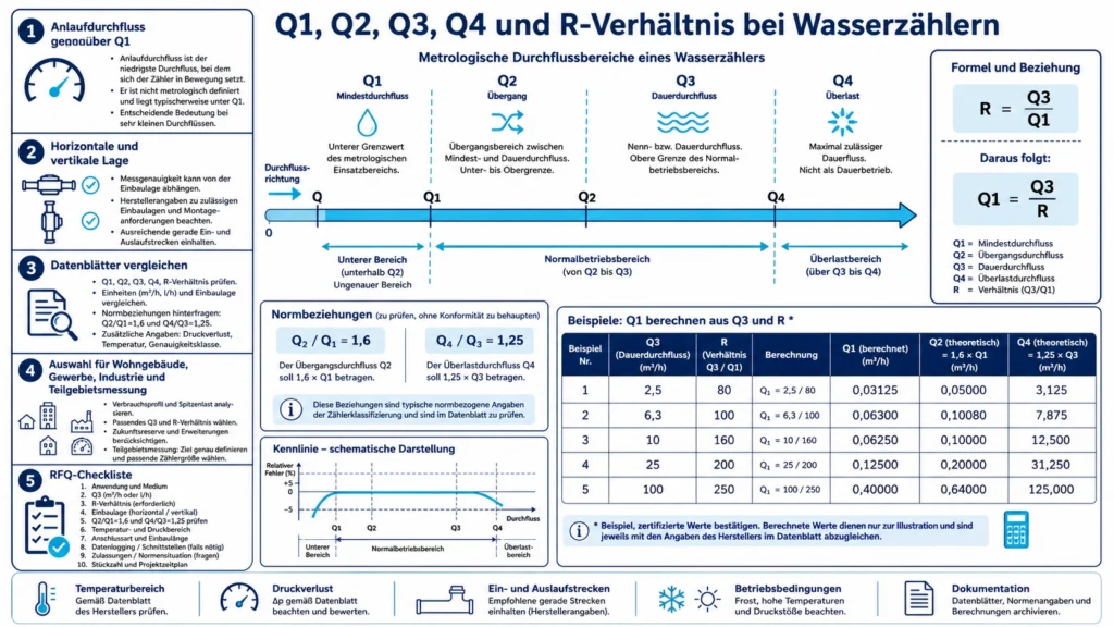 Infografik zu den Durchflussbereichen Q1, Q2, Q3 und Q4 sowie dem R-Verhältnis eines Wasserzählers