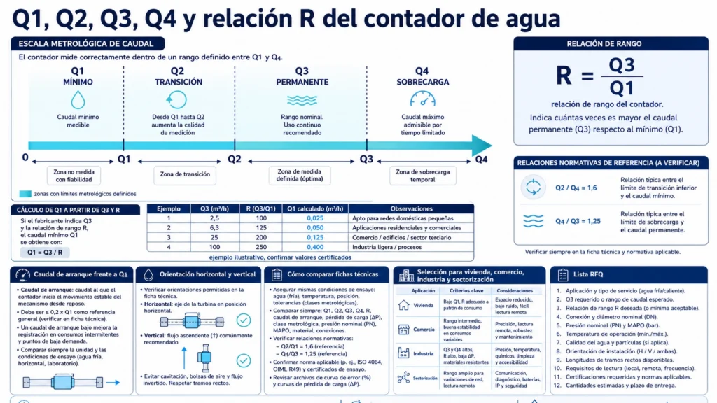 Infografía de los rangos de caudal Q1, Q2, Q3 y Q4 y la relación R de un contador de agua