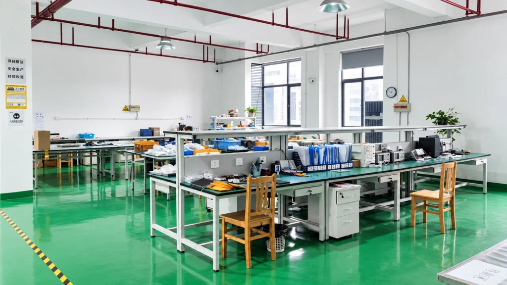 Organized manufacturing workshop with assembly workstations, tools and production materials