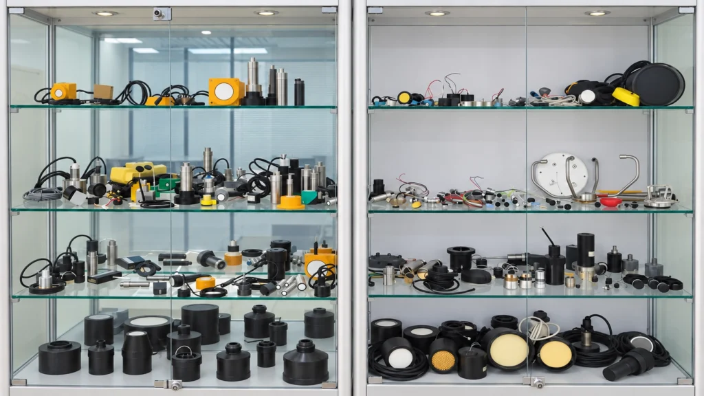 Industrial ultrasonic transducers, sensors and components displayed in product cabinets