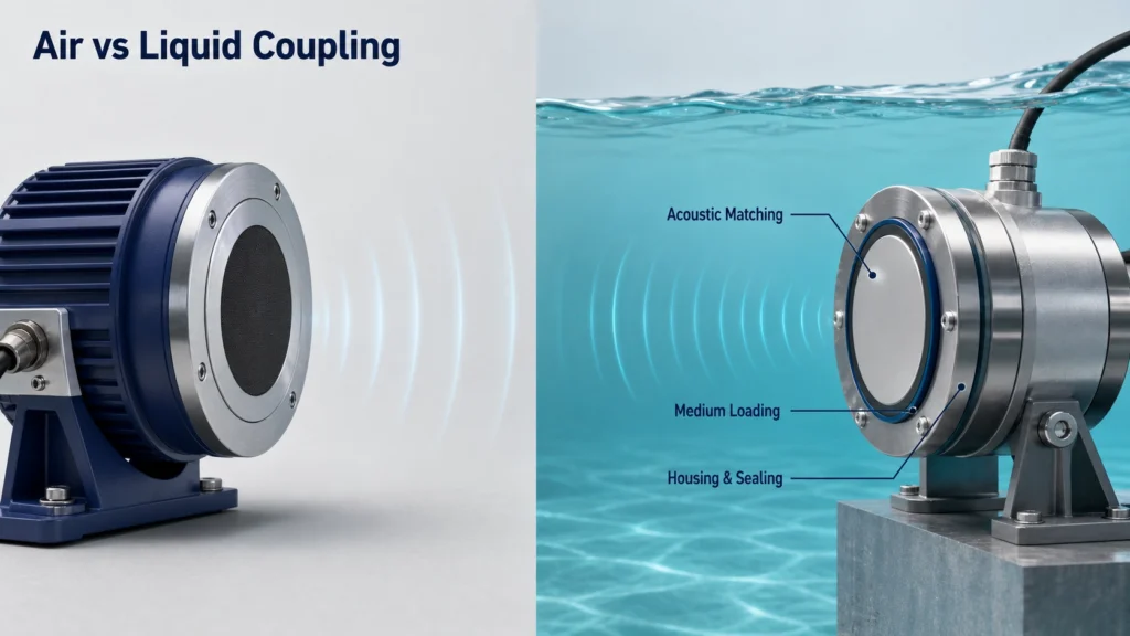 Air-coupled and liquid-coupled ultrasonic transducers compared across gas and water acoustic paths