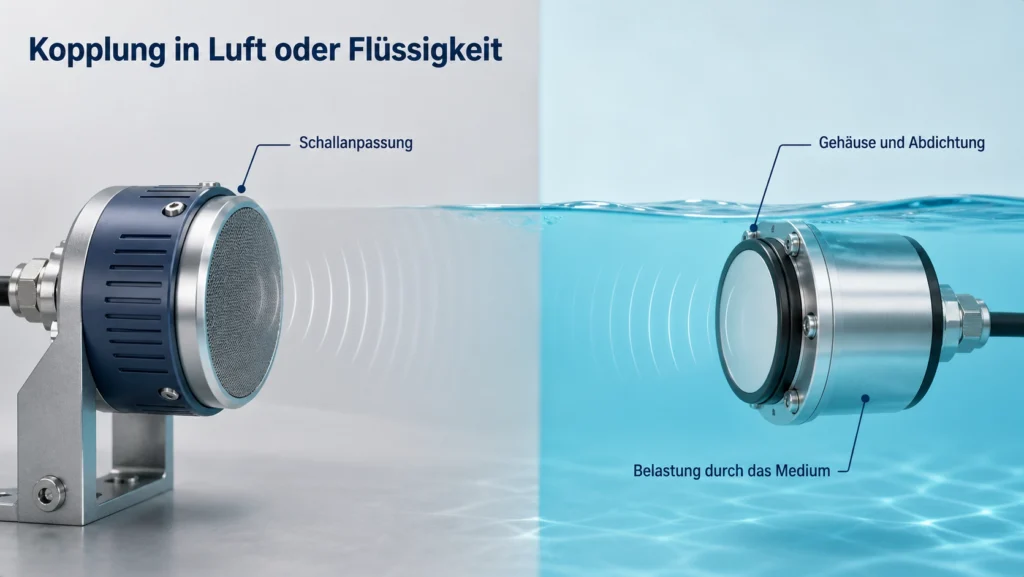 Vergleich luft- und flüssigkeitsgekoppelter Ultraschallwandler an Gas- und Wasserschallwegen