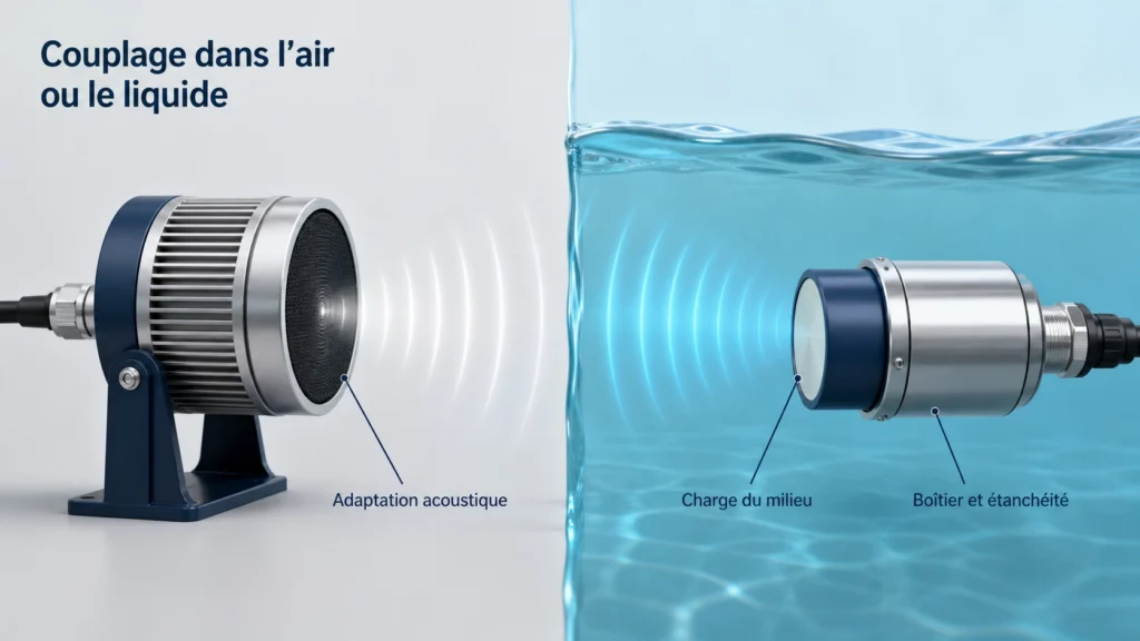 Comparaison de transducteurs ultrasonores couplés à l’air et au liquide sur des trajets gazeux et aquatiques