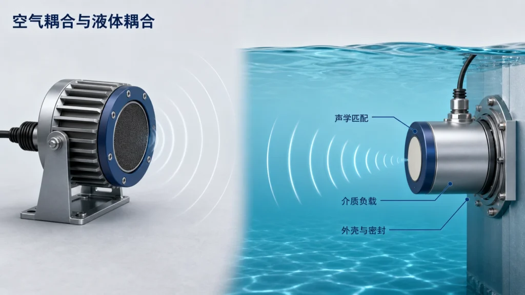 空气耦合和液体耦合超声波换能器在气体与水中声路的工程对比