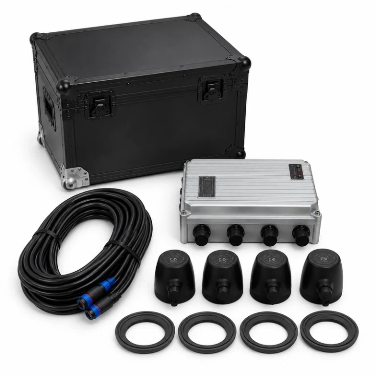 Sistema ultrasónico BBUAF contra incrustaciones marinas con módulo de control, cuatro transductores, cables, anillos de fijación y caja de transporte