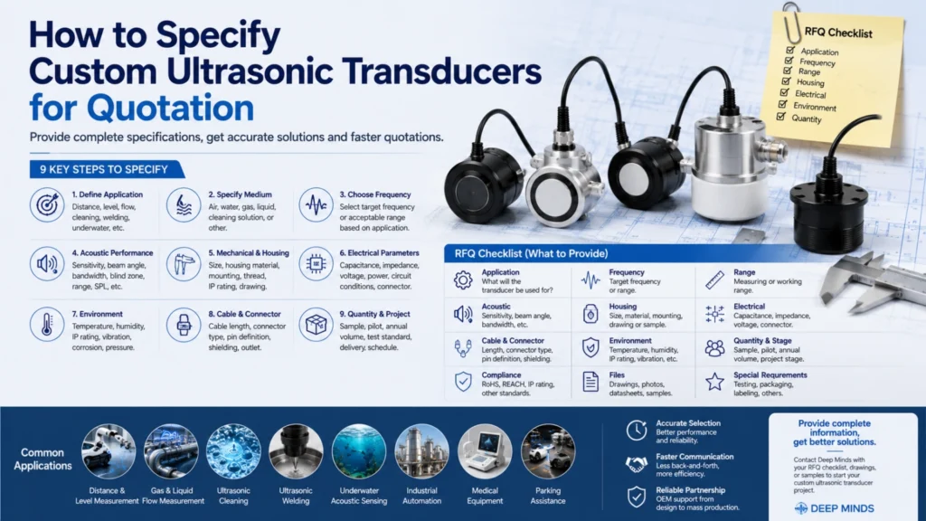 Custom ultrasonic transducer RFQ checklist showing key quotation requirements including application, frequency, range, housing, electrical parameters, environment, and quantity.