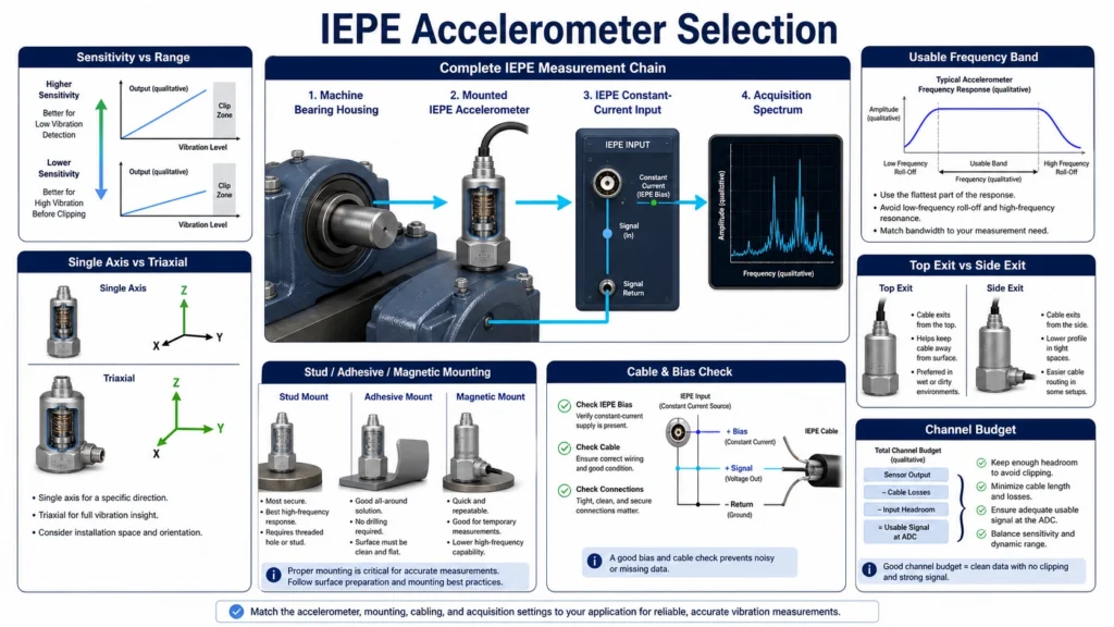 IEPE accelerometer selection diagram comparing sensitivity, axes, top and side cable exits, mounting and usable frequency response
