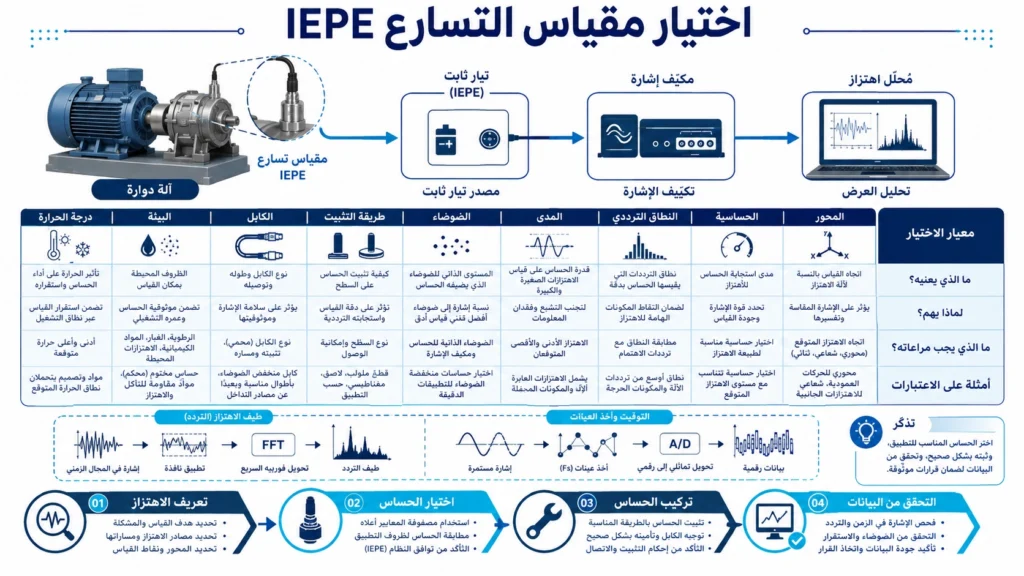 مخطط لاختيار مقياس تسارع IEPE يقارن الحساسية والمحاور وخروج الكابل العلوي والجانبي والتركيب والاستجابة الترددية القابلة للاستخدام