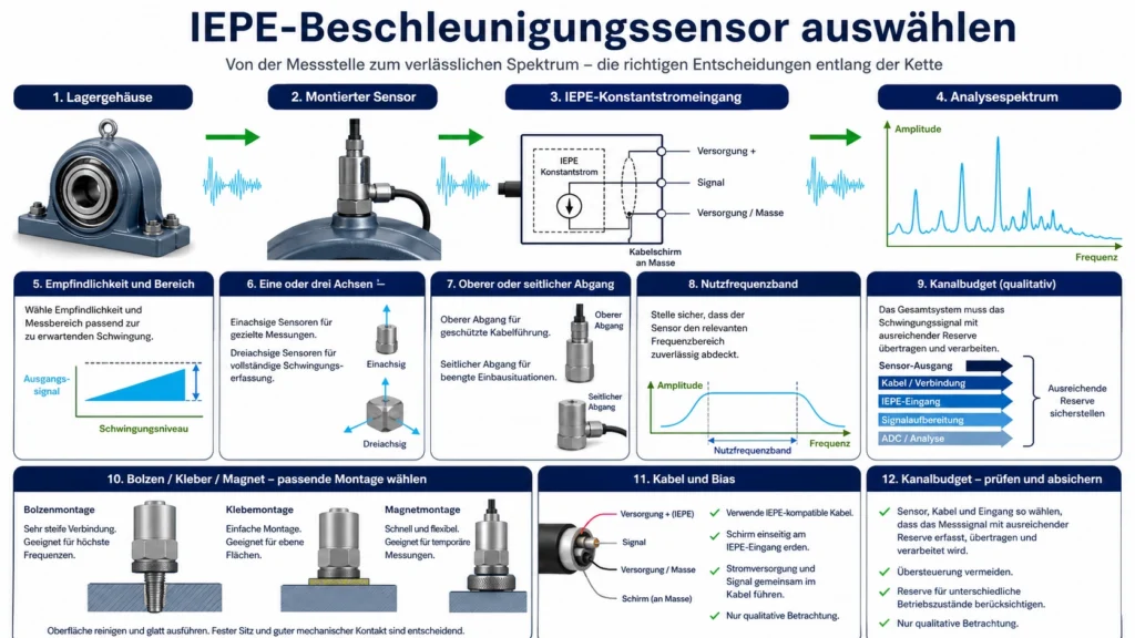 Auswahldiagramm für IEPE-Beschleunigungssensoren mit Empfindlichkeit, Achsen, oberem und seitlichem Kabelabgang, Montage und nutzbarem Frequenzgang
