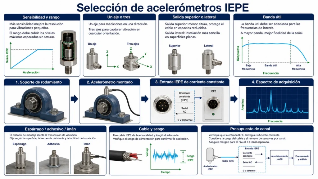 Diagrama de selección de acelerómetros IEPE que compara sensibilidad, ejes, salidas superior y lateral, montaje y respuesta de frecuencia útil