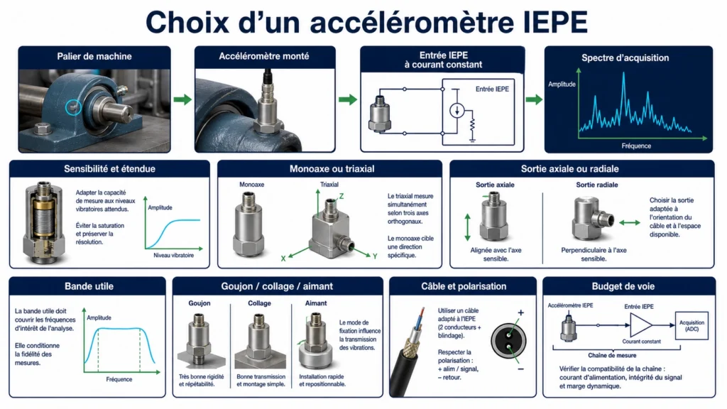 Schéma de sélection d’un accéléromètre IEPE comparant sensibilité, axes, sorties axiale et radiale, montage et réponse fréquentielle utile