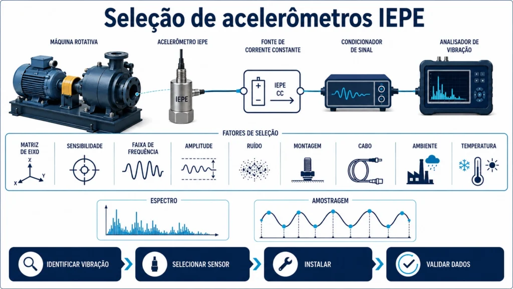 Diagrama de seleção de acelerômetros IEPE que compara sensibilidade, eixos, saídas de cabo superior e lateral, montagem e resposta de frequência utilizável