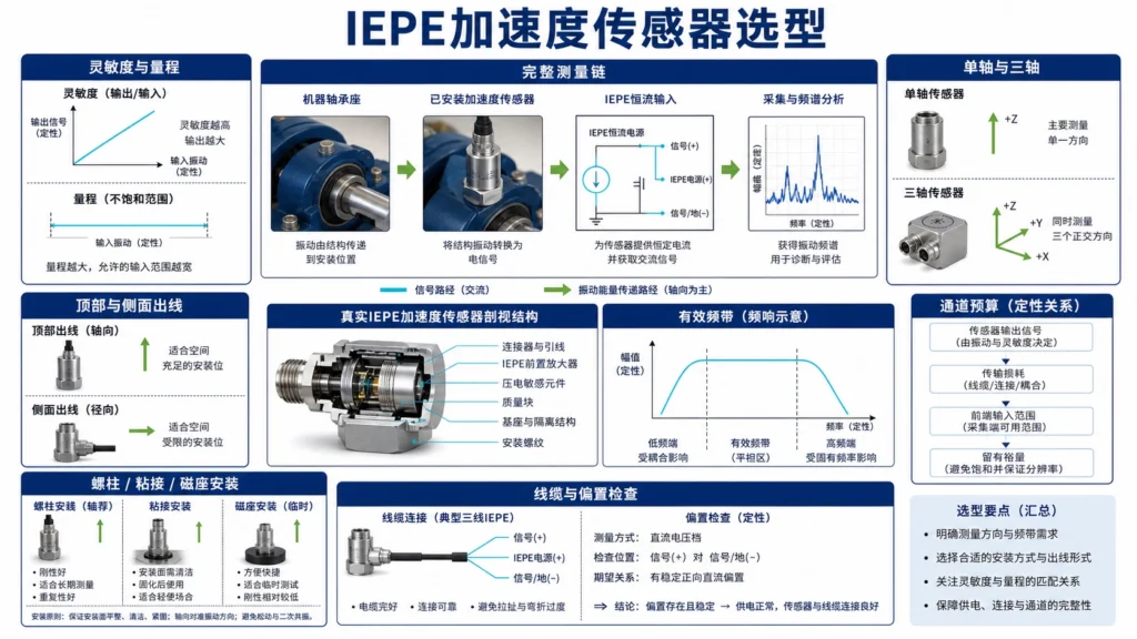 对比IEPE加速度传感器灵敏度、轴数、顶部与侧面出线、安装方式和有效频响的选型图