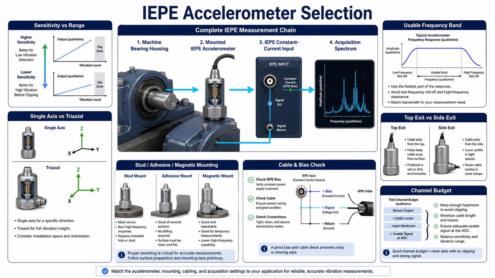IEPE accelerometer selection diagram comparing sensitivity, axes, top and side cable exits, mounting and usable frequency response
