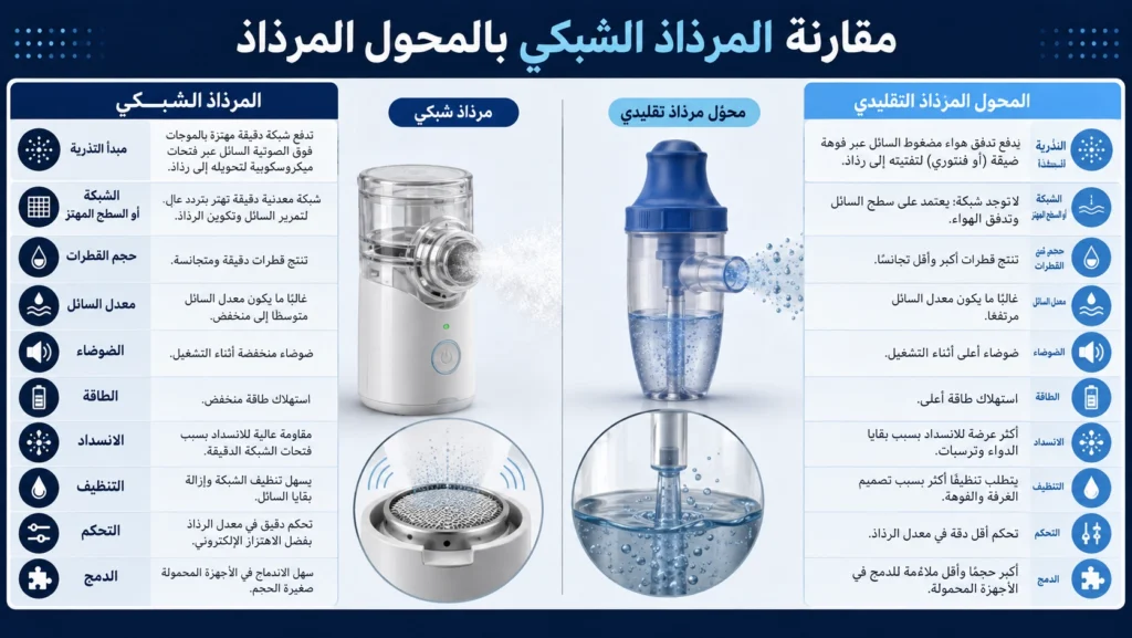 مقارنة تفكيكية بين صفيحة ترذيذ شبكية ومحول ترذيذ كامل بالموجات فوق الصوتية، تشمل مسار السائل والمشغّل وواجهات التركيب