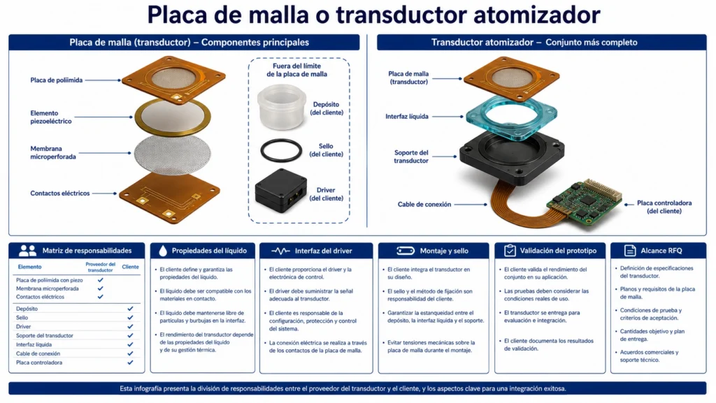 Comparación despiezada de una placa atomizadora de malla y un transductor ultrasónico completo con circuito de líquido, controlador e interfaces de montaje