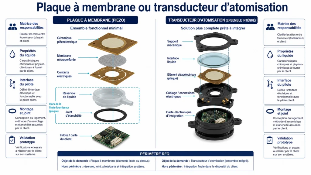 Comparaison éclatée d’une plaque à membrane et d’un transducteur d’atomisation ultrasonore complet avec circuit liquide, commande et interfaces de montage