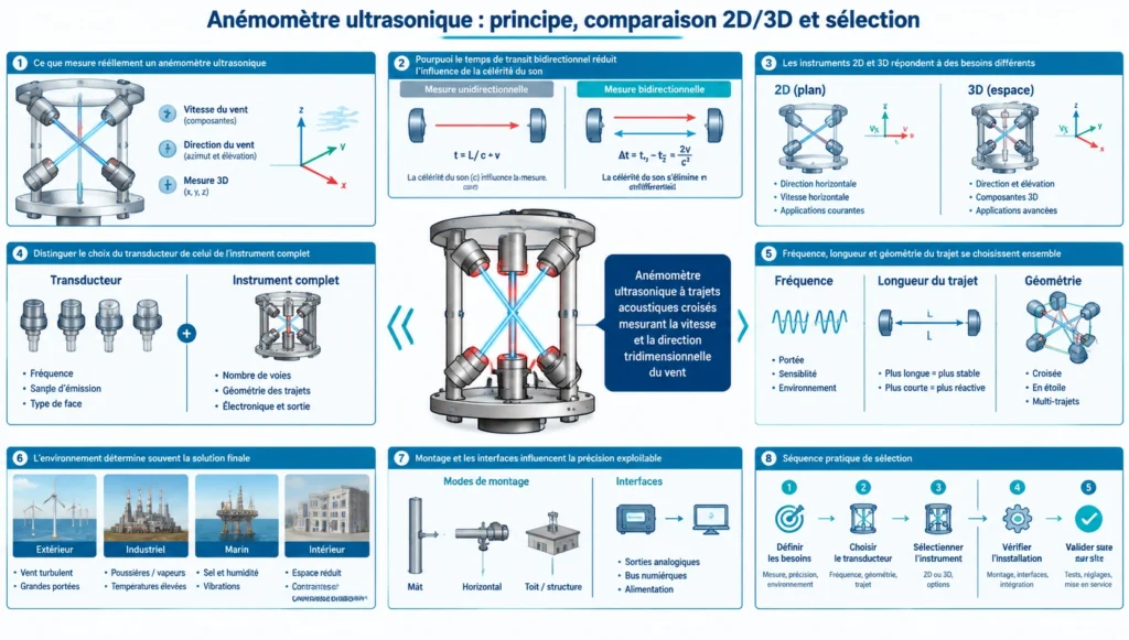 Anémomètre ultrasonique à trajets acoustiques croisés mesurant la vitesse et la direction tridimensionnelle du vent