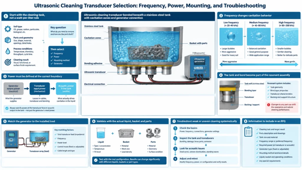 Ultrasonic cleaning transducer bonded beneath a stainless steel tank with cavitation zones and generator connection