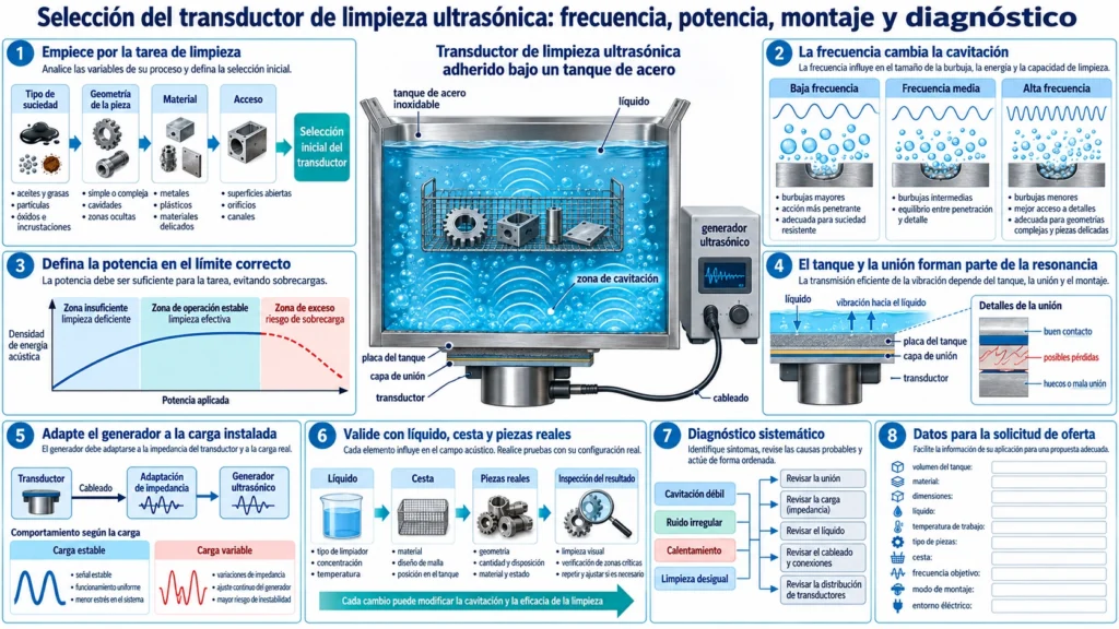 Transductor de limpieza ultrasónica adherido bajo un tanque de acero con zonas de cavitación y conexión al generador