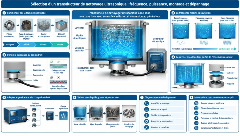 Transducteur de nettoyage ultrasonique collé sous une cuve inox avec zones de cavitation et connexion au générateur