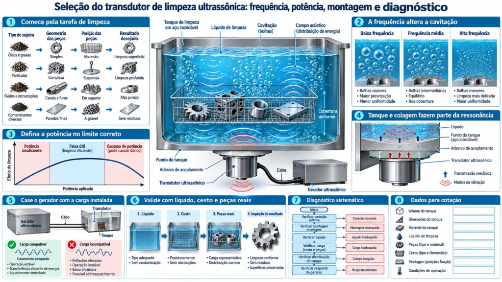Transdutor de limpeza ultrassônica colado sob tanque de aço com zonas de cavitação e conexão ao gerador